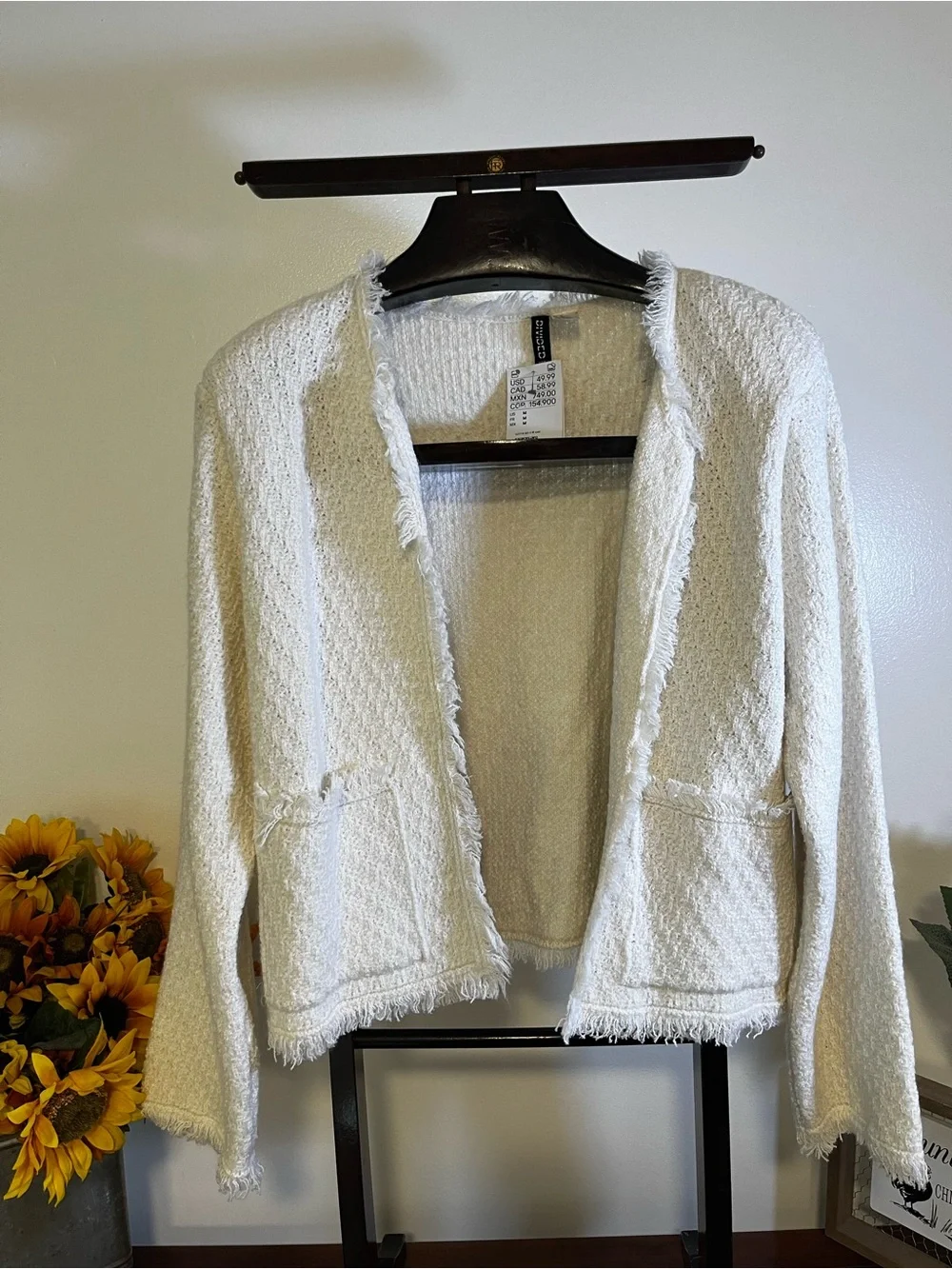 Divided by H&M Cream Bouclé Fringe Open Front Cardigan Sweater size M NWT